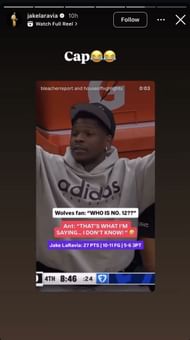 Jake LaRavia’s hilarious one-word response to Anthony Edwards. (Image via Instagram @jakelaravia)